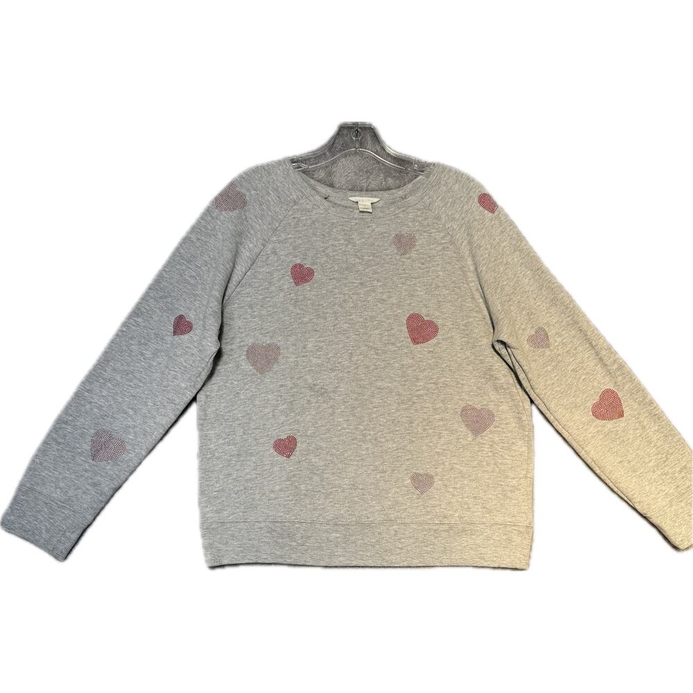 Caslon Crew Neck Pullover Valentine's Sweatshirt Women M Embellished Hearts Gray